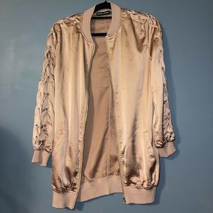 Carli bybel x misguided satin bomber jacket